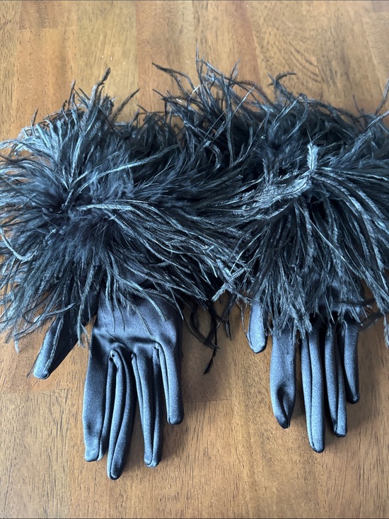 Accessories - Black Feather Trim Satin Gloves - Women's Accessories